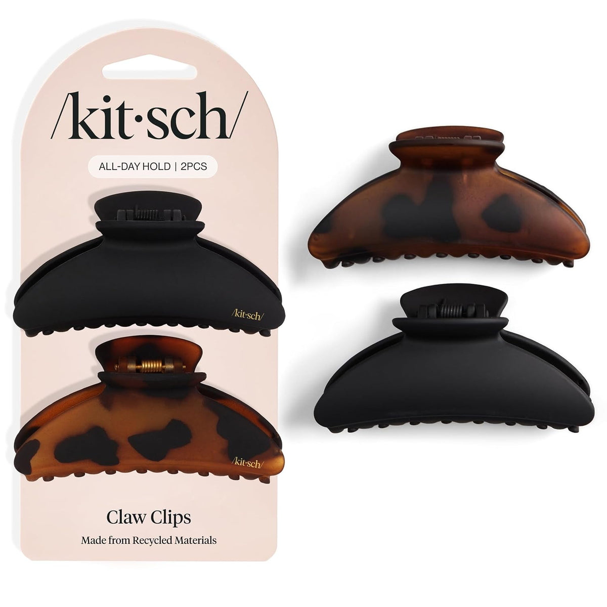 Kitsch Medium Hair Clips for Women - Black and Tort, 2pcs