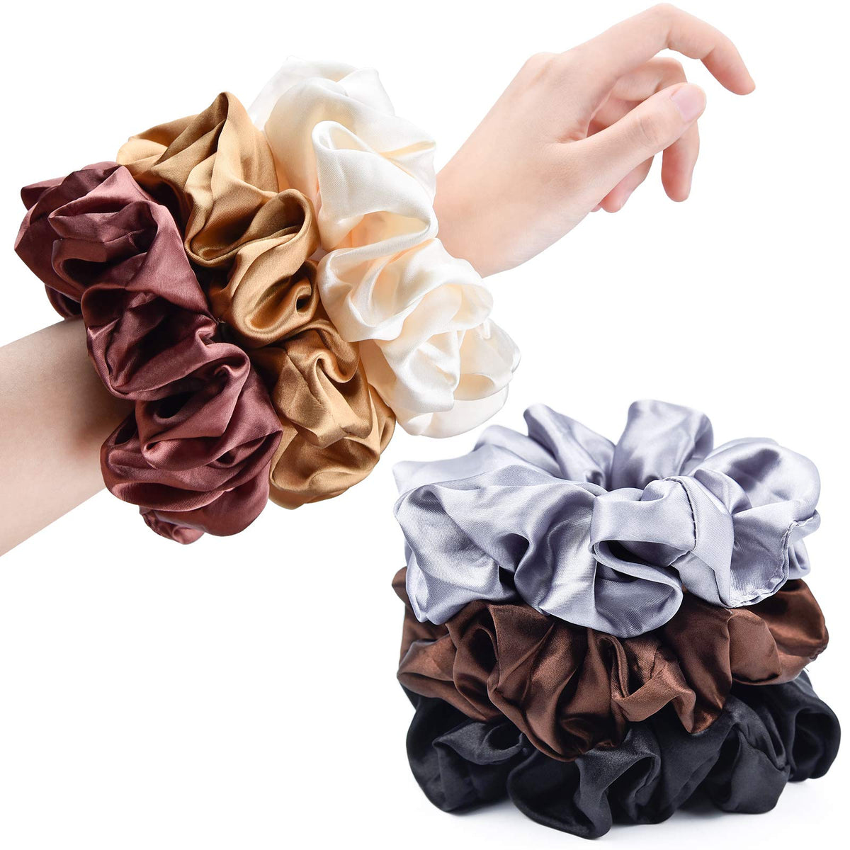 Black Big Scrunchies for Women 6.3Inches Large Scrunchie Satin Oversized Silk Thick Elastic Hair Ties Jumbo Hair Scrunchies 6 Pack (Black)