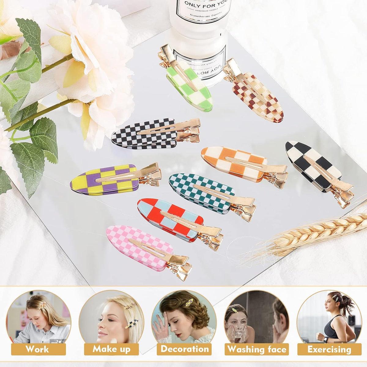 KesaPlan 9PCS No Bend Checkerboard Creaseless Hair Clips for Makeup Women