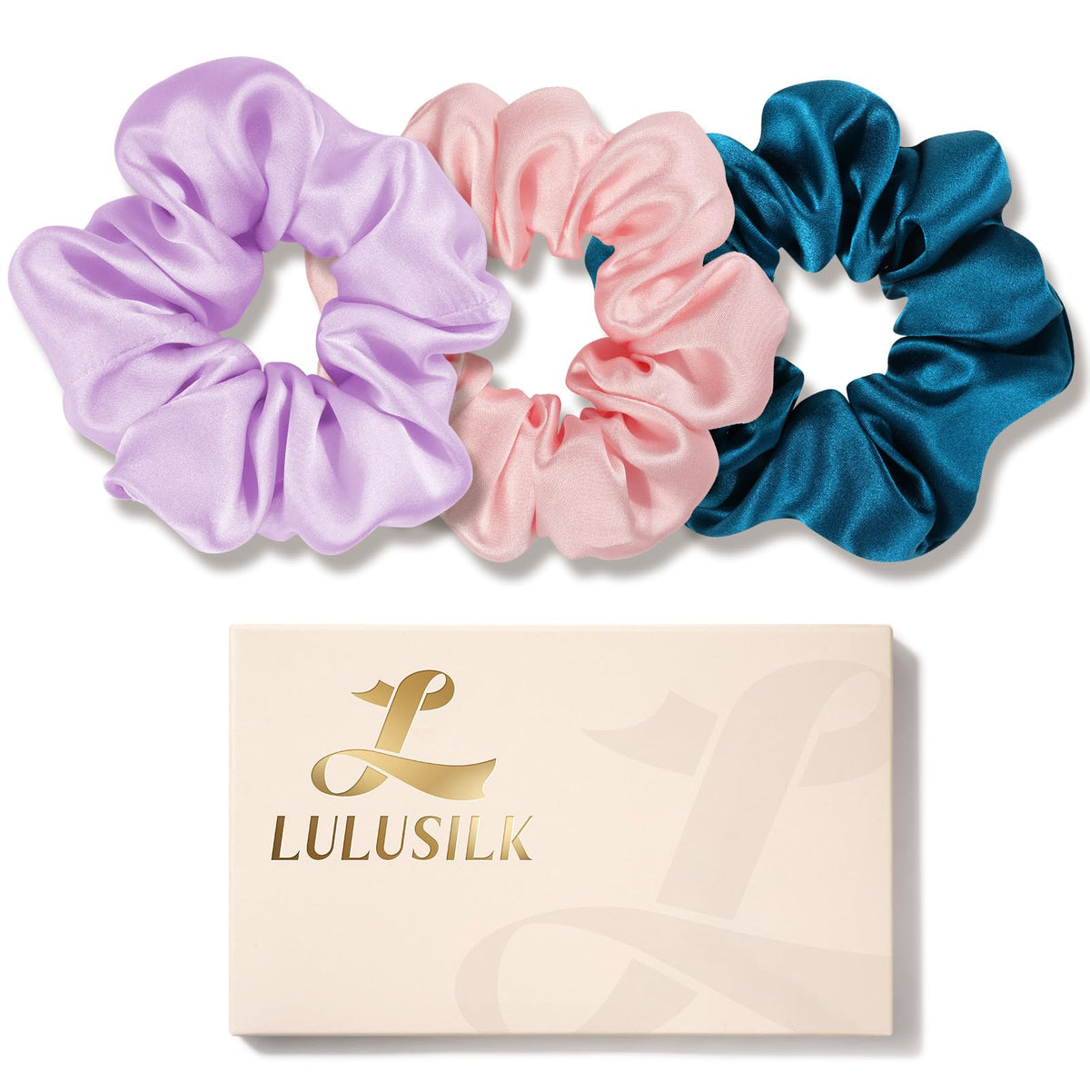 LULUSILK Silk Scrunchies for Hair Sleep, 100% Real Mulberry Silk, No Damage Hair Ties for Women and Girls, Classic Black, Pack of 3