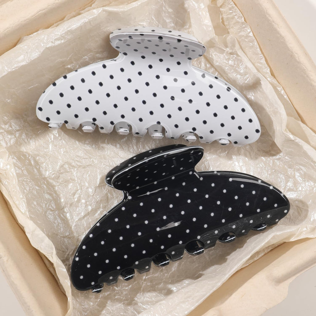 2 Acetate Hair Claw Clip for Women, 3.8-Inch Black and White Polka Dot Big Hair Clips Strong Hold No Slip Claw Clips for Thick or Thin Hair