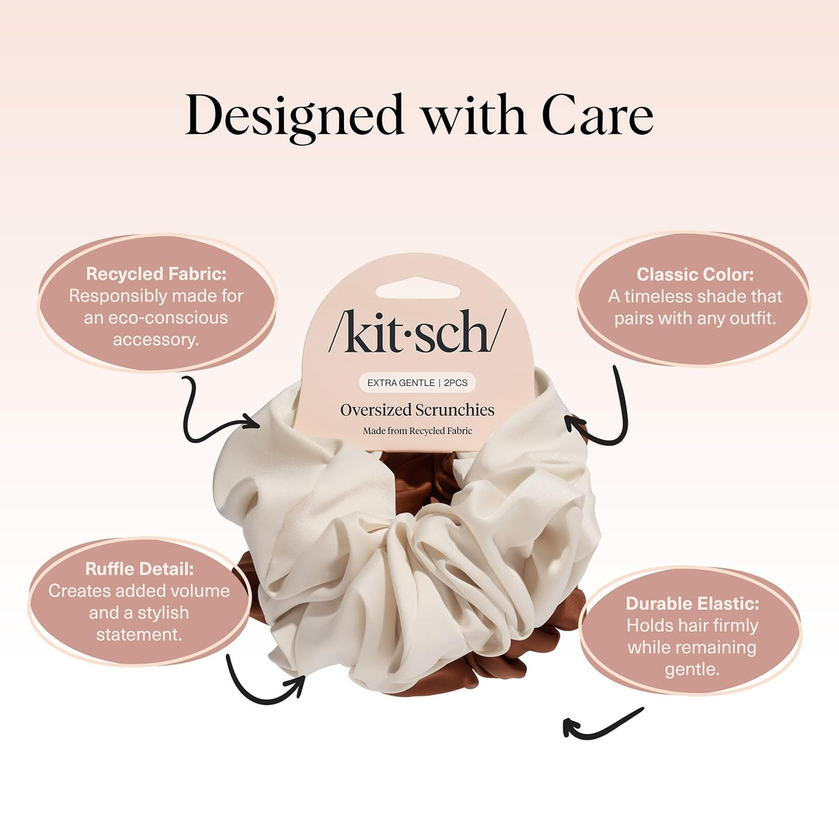 Kitsch Recycled Satin Oversized Scrunchies - Camel & Cream, 2pcs