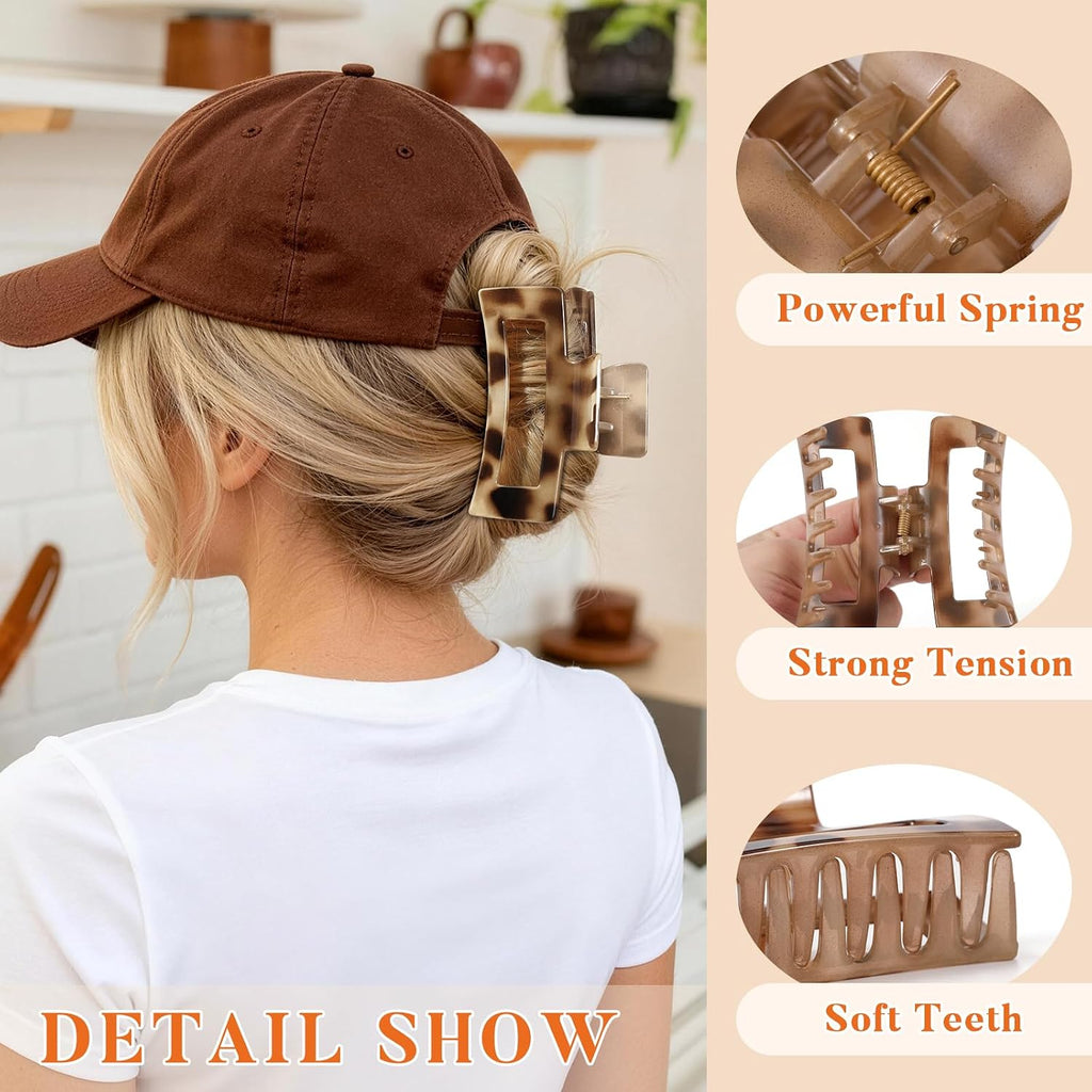 Auseibeely 6 Pack 4.1 Inch Large Claw Clips for Thick Hair, Big Tortoise Shell Claw Clip for women, Square Hair Clips for Thick/Long/Curly Hair, Strong Hold Non-slip Baseball Jaw Clip Accessories