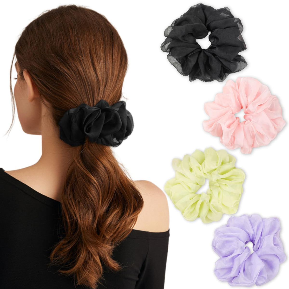 Cute Large Big Oversized Scrunchies for Women: Jumbo Chiffon Hair Ties for Sleeping, No Damage Hair Accessories for Thick Hair (6PCS)