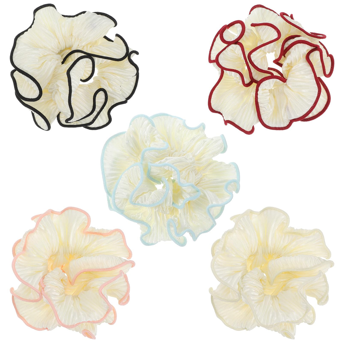 4 Pcs Oversized Puffy Hair Scrunchies, Multicolor Elastic Jumbo Puffy Hair Scrunchy Double Layer Pleated Ruffle Stain Hair Ties for Women Girls Thick Curly Hair (4 Color A)