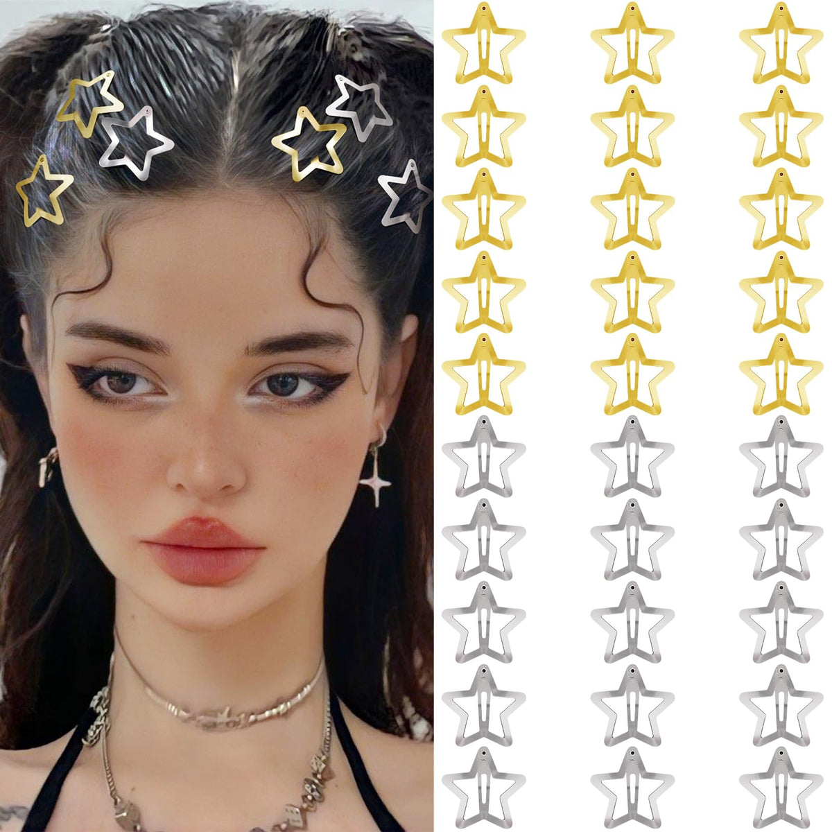 SAOROPEB Star Hair Clips 2000s Y2K Hair Accessories-15 PCS 1.57"-Gold