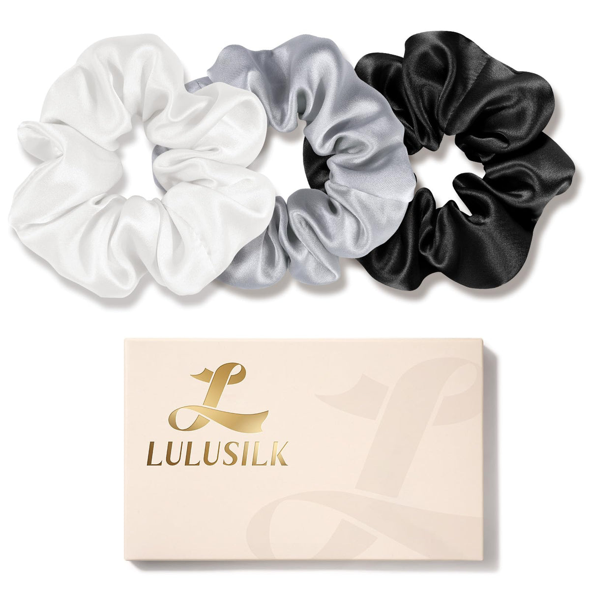 LULUSILK Silk Scrunchies for Hair Sleep, 100% Real Mulberry Silk, No Damage Hair Ties for Women and Girls, Classic Black, Pack of 3