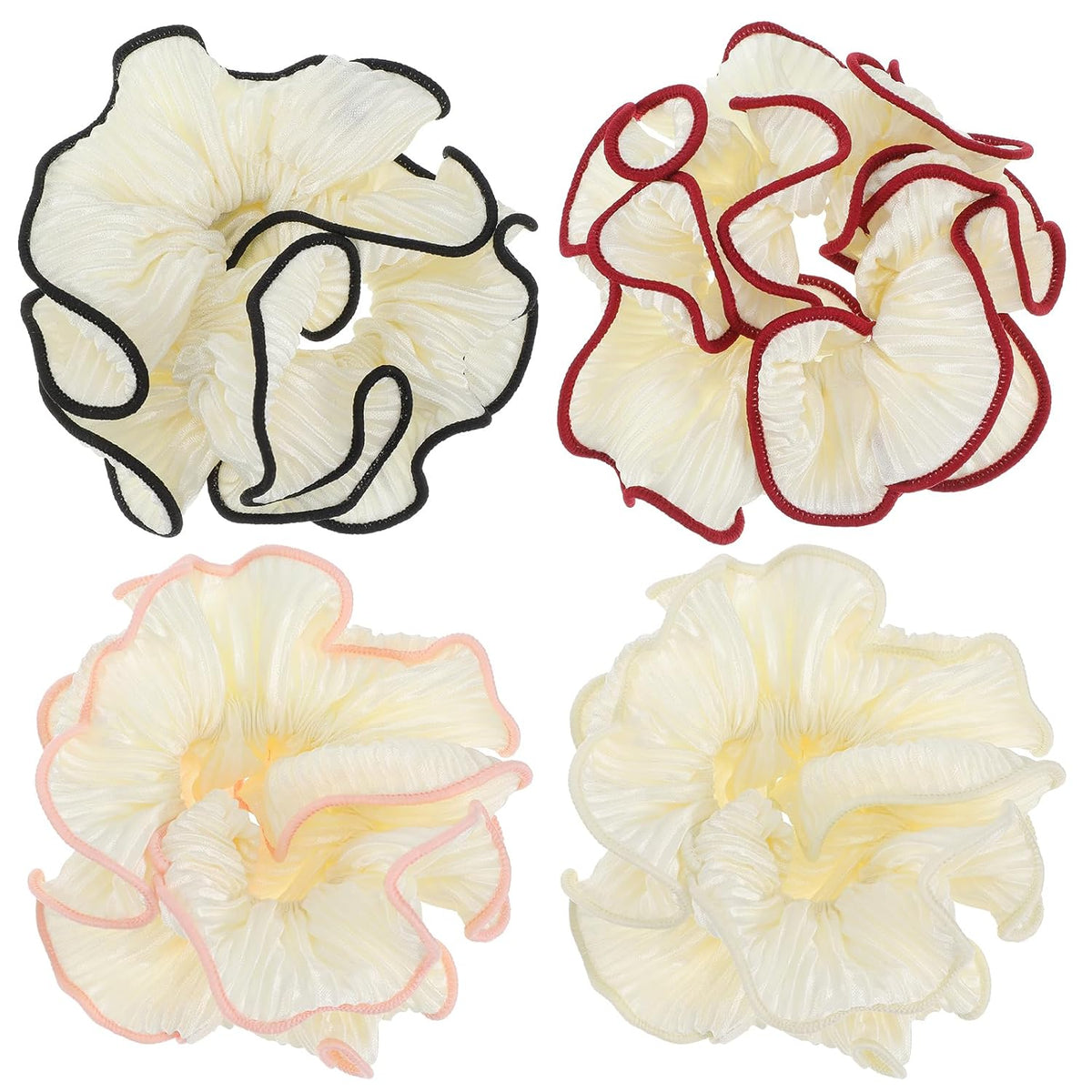 4 Pcs Oversized Puffy Hair Scrunchies, Multicolor Elastic Jumbo Puffy Hair Scrunchy Double Layer Pleated Ruffle Stain Hair Ties for Women Girls Thick Curly Hair (4 Color A)