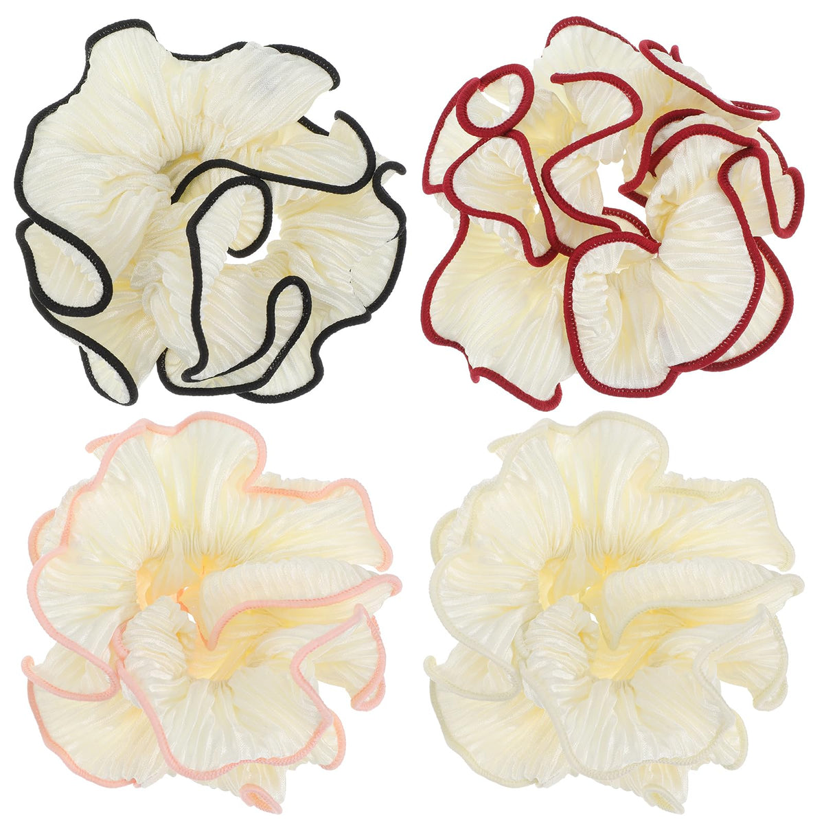 4 Pcs Oversized Puffy Hair Scrunchies, Multicolor Elastic Jumbo Puffy Hair Scrunchy Double Layer Pleated Ruffle Stain Hair Ties for Women Girls Thick Curly Hair (4 Color A)