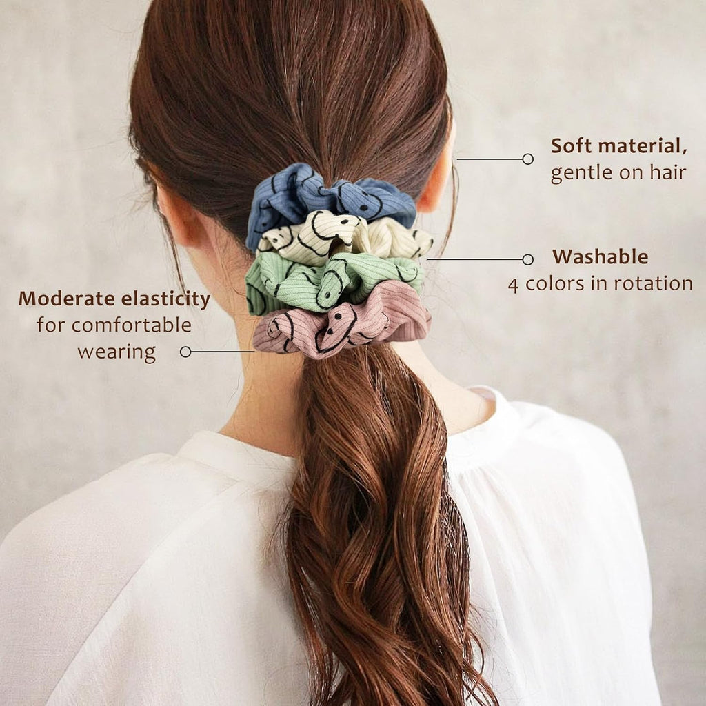 Happy Face Scrunchies, Cute Corduroy Hair Scrunchies for Women and Girls