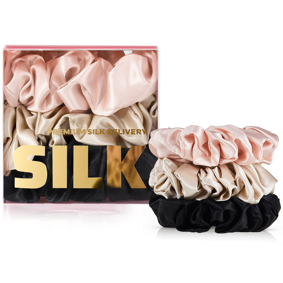 PILAVA Large Mulberry Silk Scrunchies, 3 Pack White Pink Gold | Gift Set