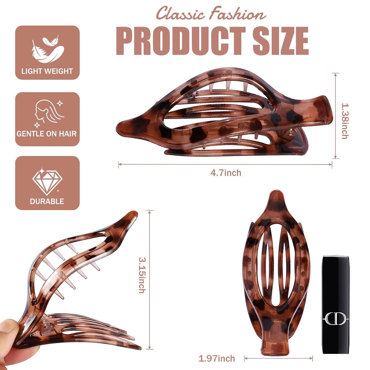 Flat Hair Clips for Women - 6 PCS French Flat Claw Clips Medium Hair Clips for Girls Large Hair Claw Clips for Thick or Thin Hair Strong Hold No Slip Hair Accessories for women (Transparent)