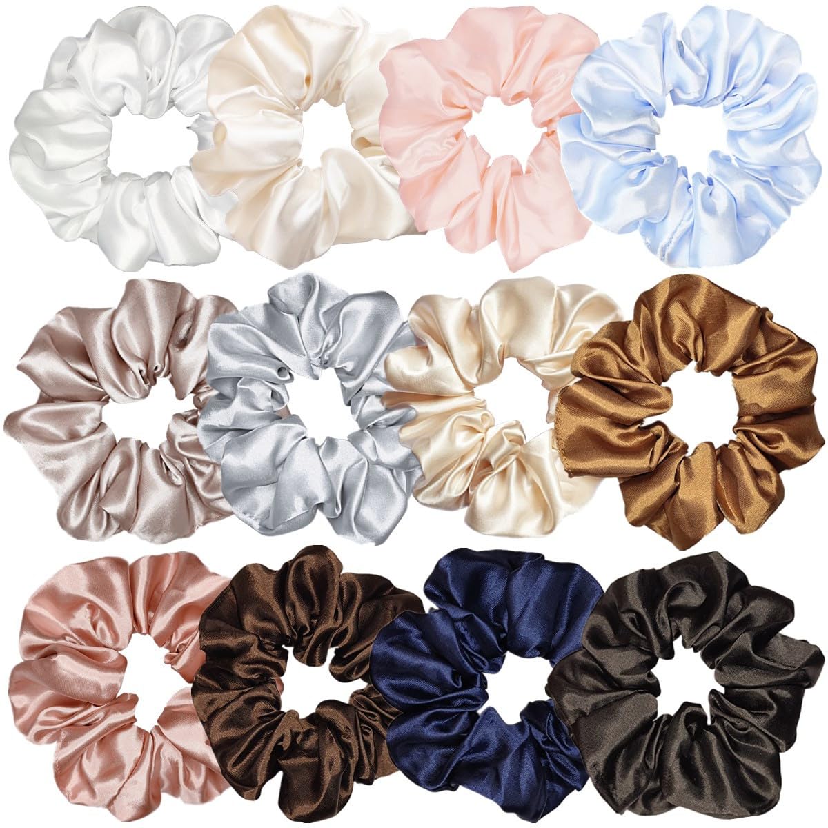 12 Pcs Satin Silk Scrunchies Soft Hair Ties Fashion Hair Bands Hair Bow Ropes Elastic Bracelets Ponytail Holders Hair Accessories for Women Girls (4.5 Inch, Assorted Multi-color)