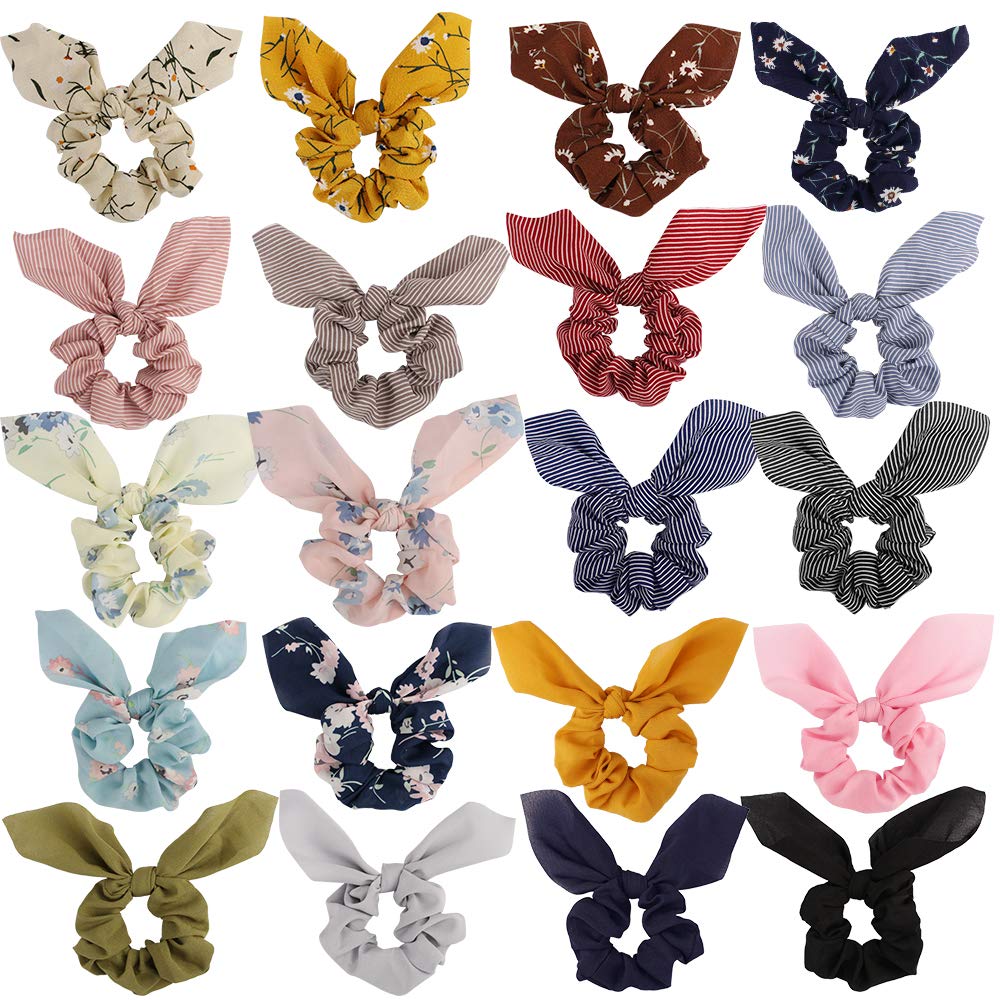 20 Pack Satin Scrunchies for Thick Hair, Hair Ties with Bow for Women's Hair, Bunny Ear Scrunchies, Hair Accessories for Girls, Silk Scrunchies in 20 Solid Warm Colors