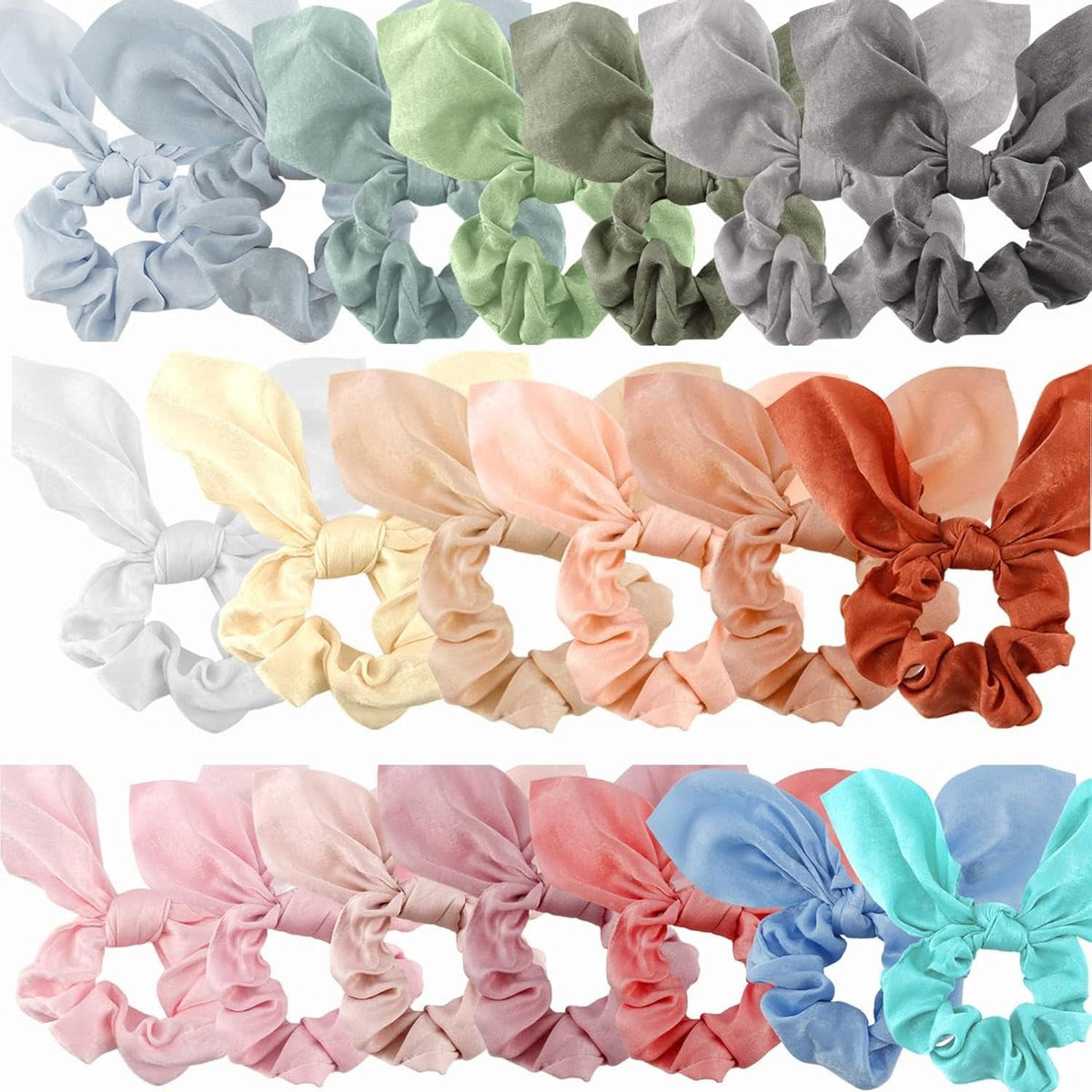20 Pack Satin Scrunchies for Thick Hair, Hair Ties with Bow for Women's Hair, Bunny Ear Scrunchies, Hair Accessories for Girls, Silk Scrunchies in 20 Solid Warm Colors