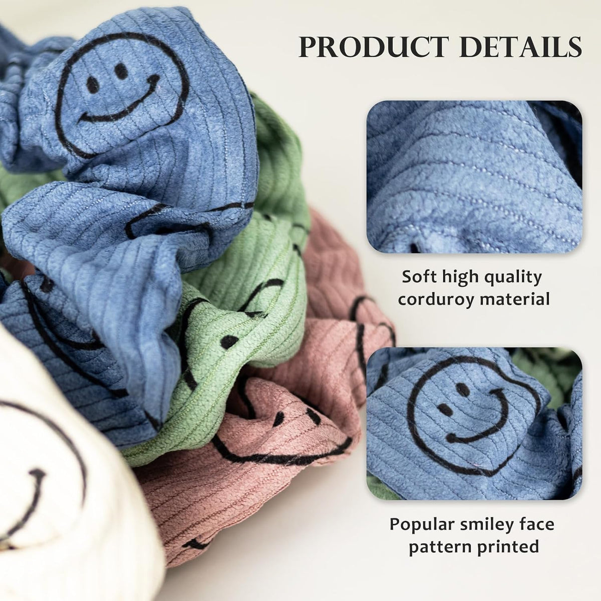 Happy Face Scrunchies, Cute Corduroy Hair Scrunchies for Women and Girls