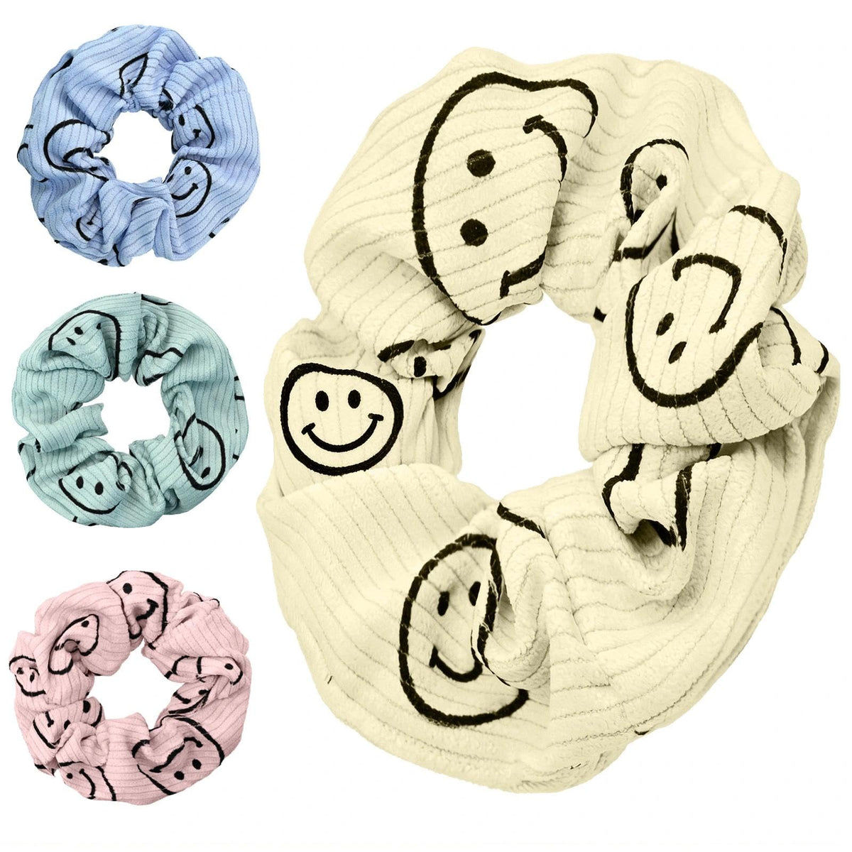 Happy Face Scrunchies, Cute Corduroy Hair Scrunchies for Women and Girls