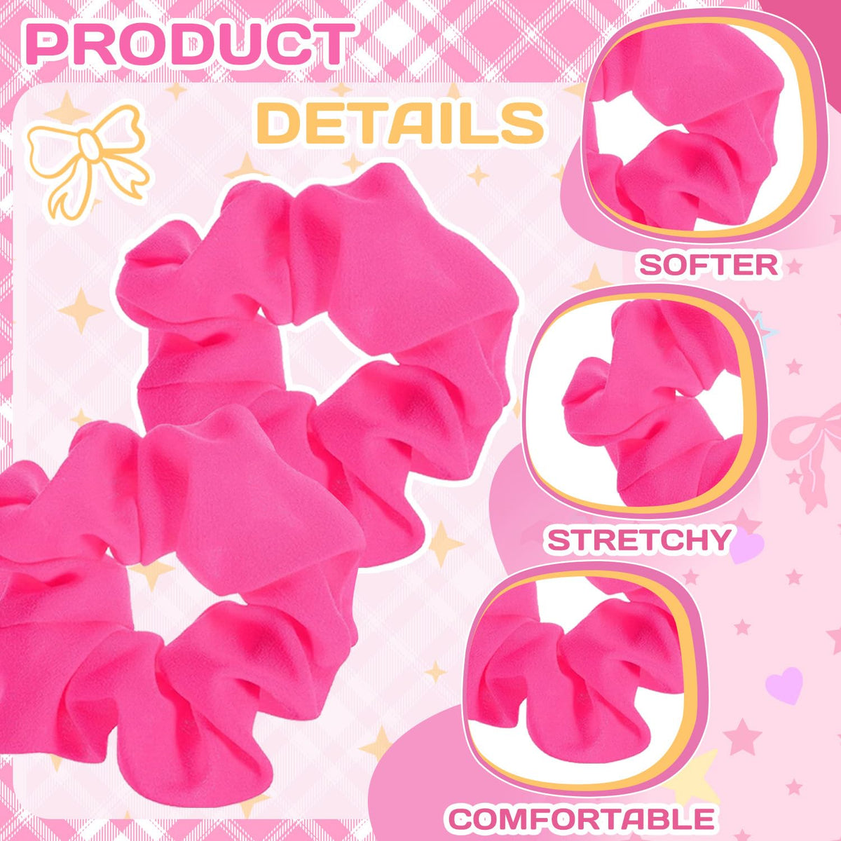 Hot Pink Scrunchie 2PCS Neon Scrunchie 80s Hair Accessories for Women Girl Solid Colors Elastic Hair Ponytail Holder for Party Outfits Workout Costumes and Ponytail Styling (Pink)