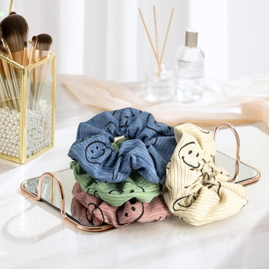 Happy Face Scrunchies, Cute Corduroy Hair Scrunchies for Women and Girls