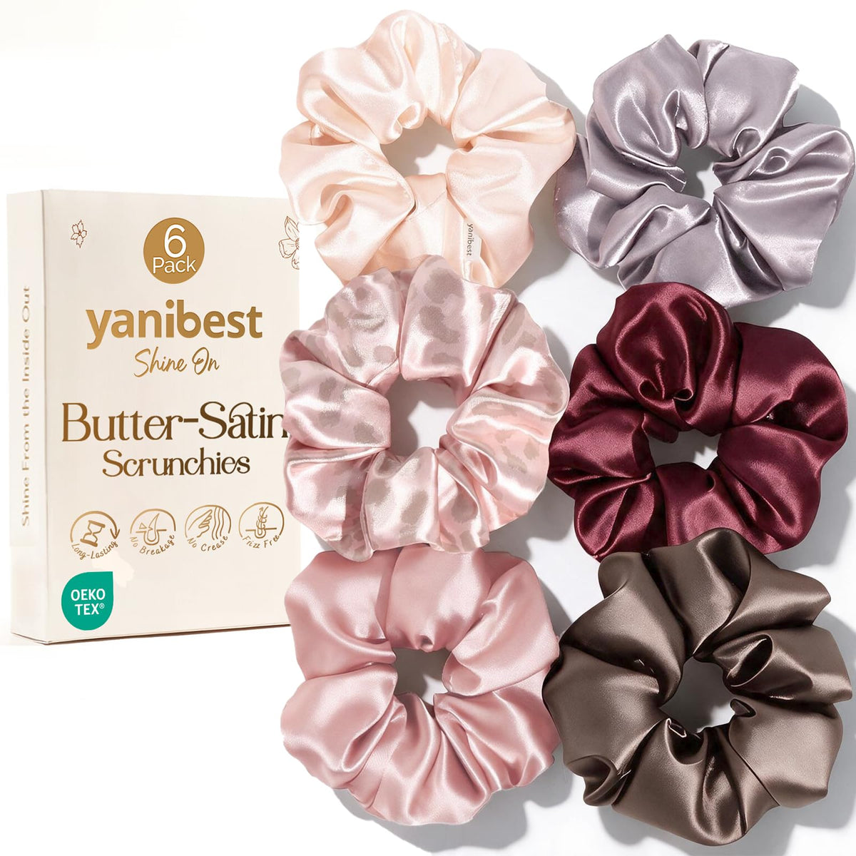 YANIBEST 6 Pcs Satin Scrunchies, Soft Hair Ties for Women and Girls