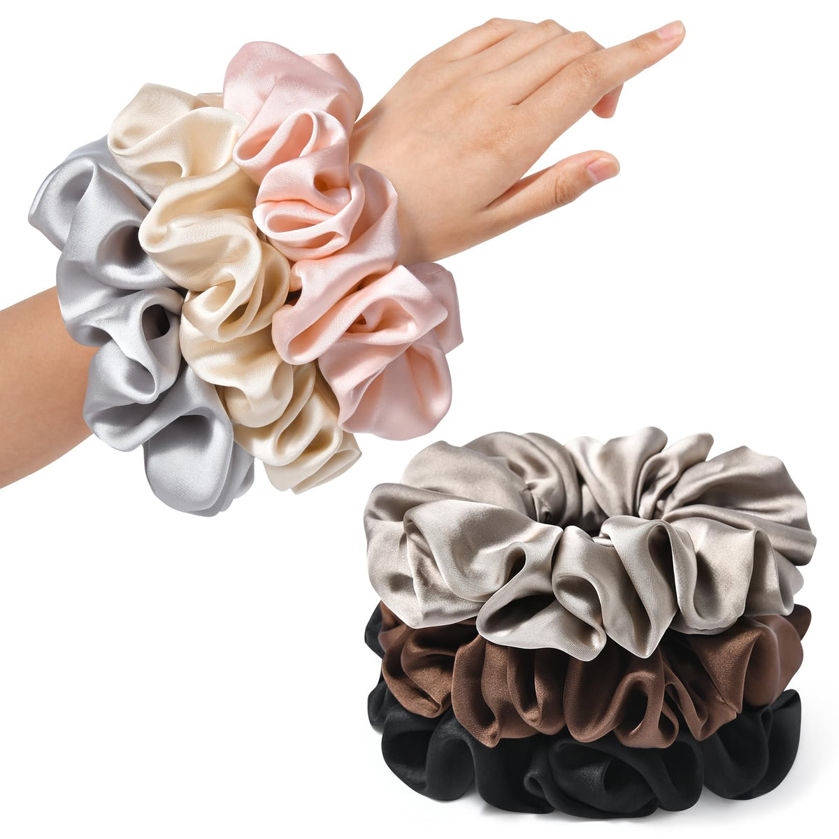 Black Big Scrunchies for Women 6.3Inches Large Scrunchie Satin Oversized Silk Thick Elastic Hair Ties Jumbo Hair Scrunchies 6 Pack (Black)