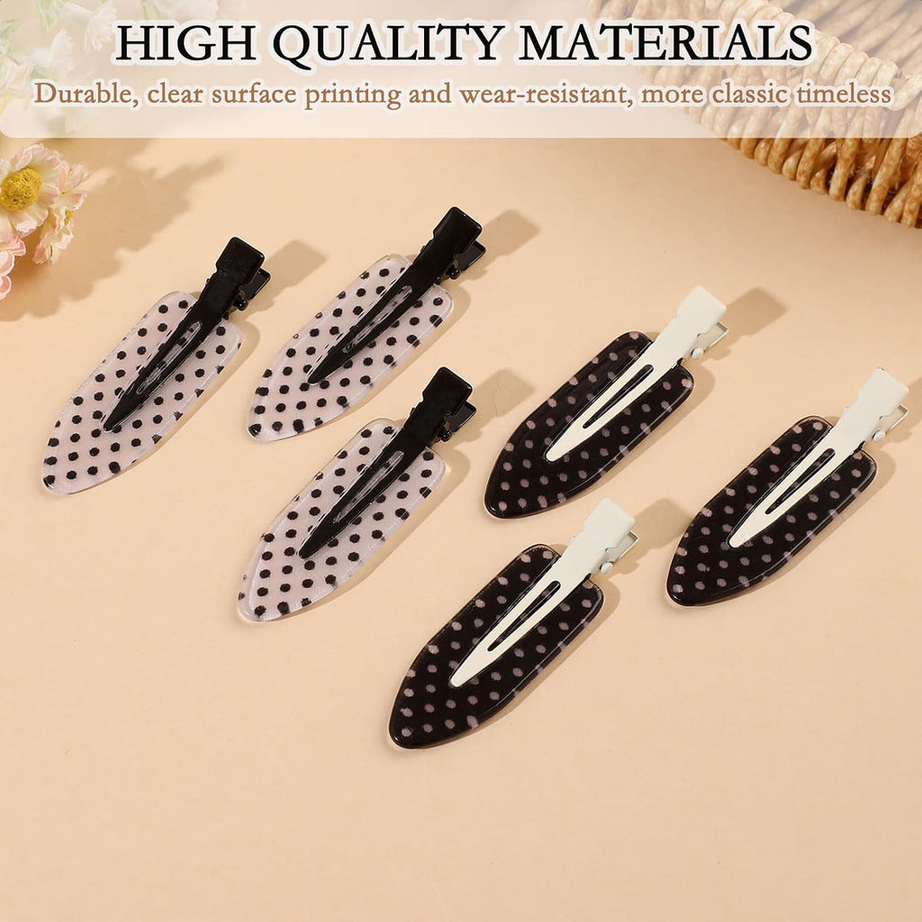 6 Pack Creaseless Hair Clips for Women - No Bend No Crease Hair Clips for Styling, Makeup, Washing Face, Bangs | Classic Polka Dot Flat No Dent Alligator Clips for Salon & Home (Black & White)