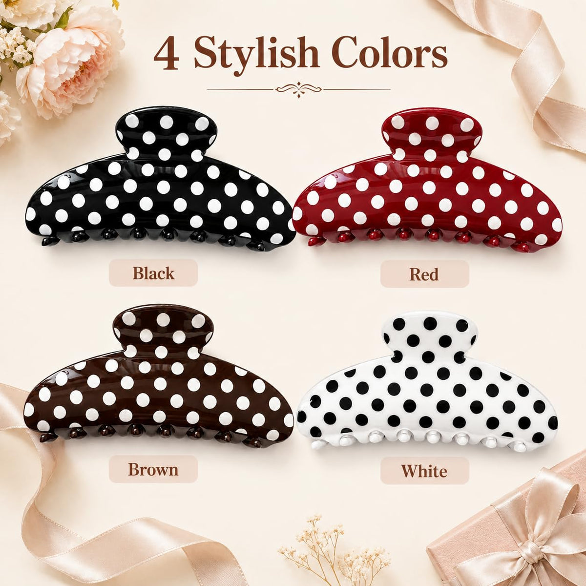 Claw Clips for Thick Hair | Polka Dot All Styles | Secure Grip, White, 1 Pack