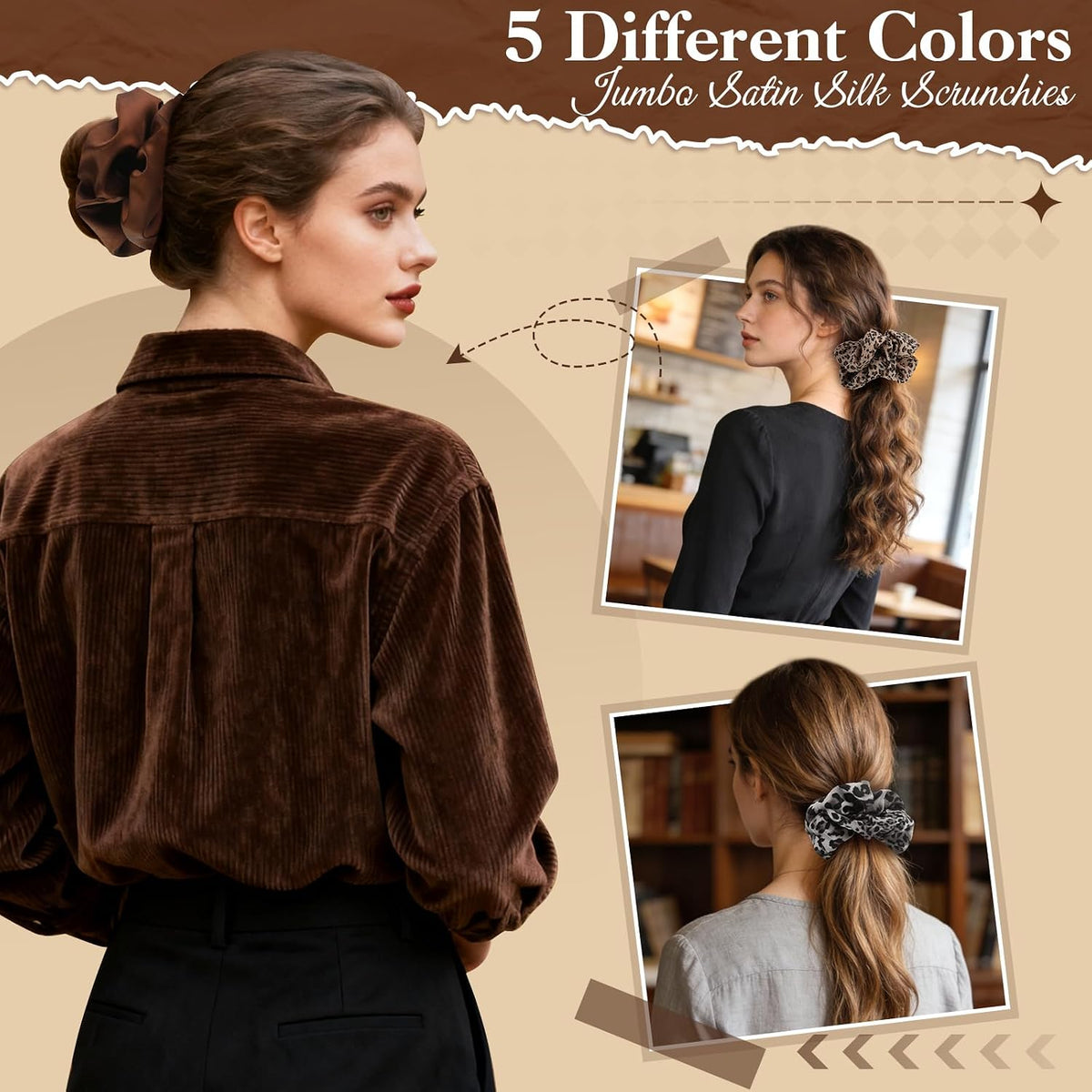 auroray 5 Pieces Jumbo Satin Silk Scrunchies for Women, Large Oversize Leopard Scrunchies For Thick Hair