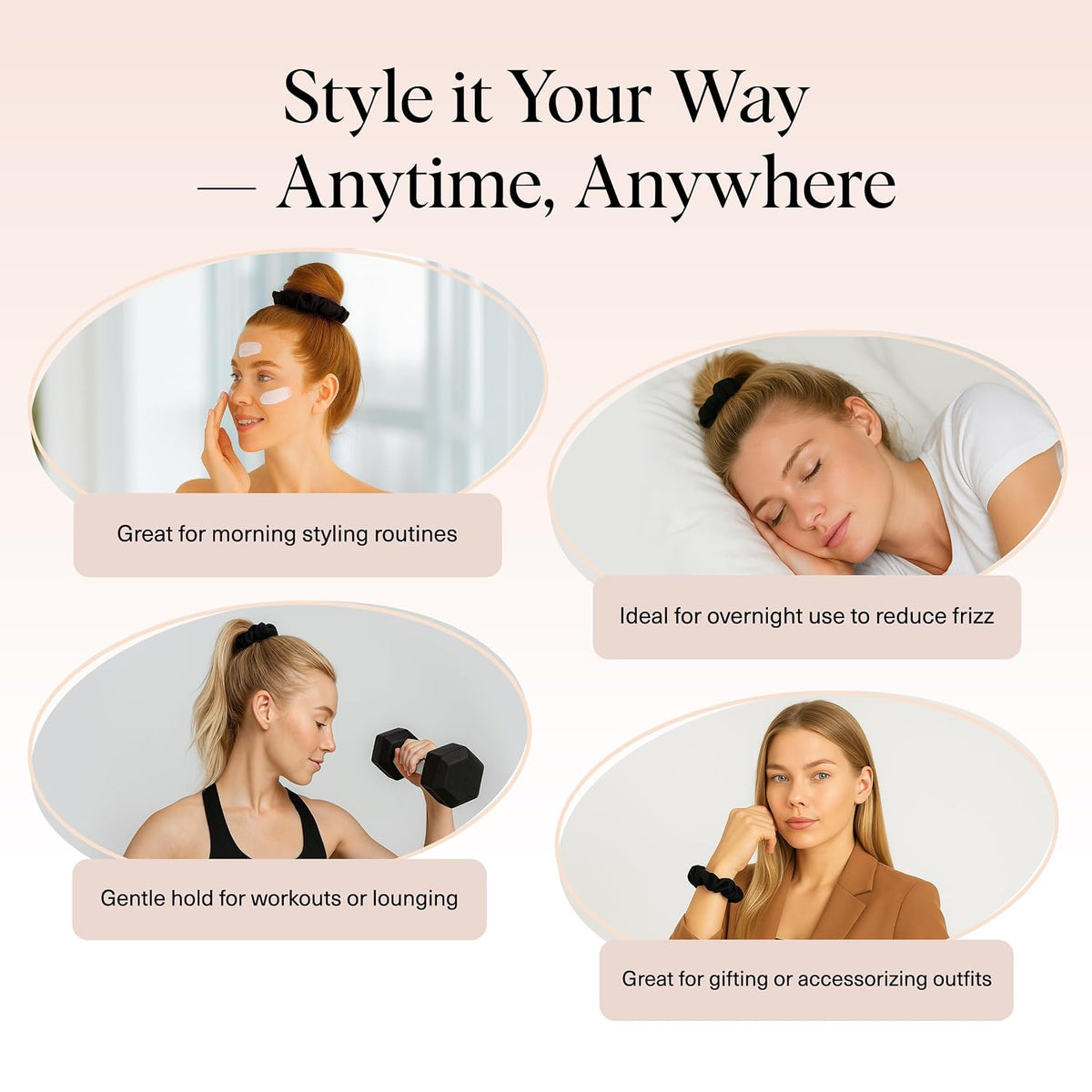 Kitsch Satin Scrunchies for Women | For All Hair Types - Black, 5pcs
