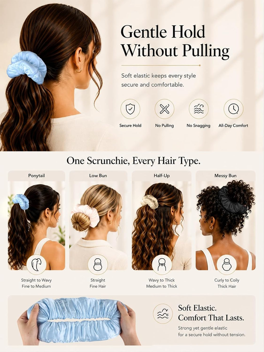 100% Mulberry Silk Hair Scrunchie for Women, Hair Tie Black