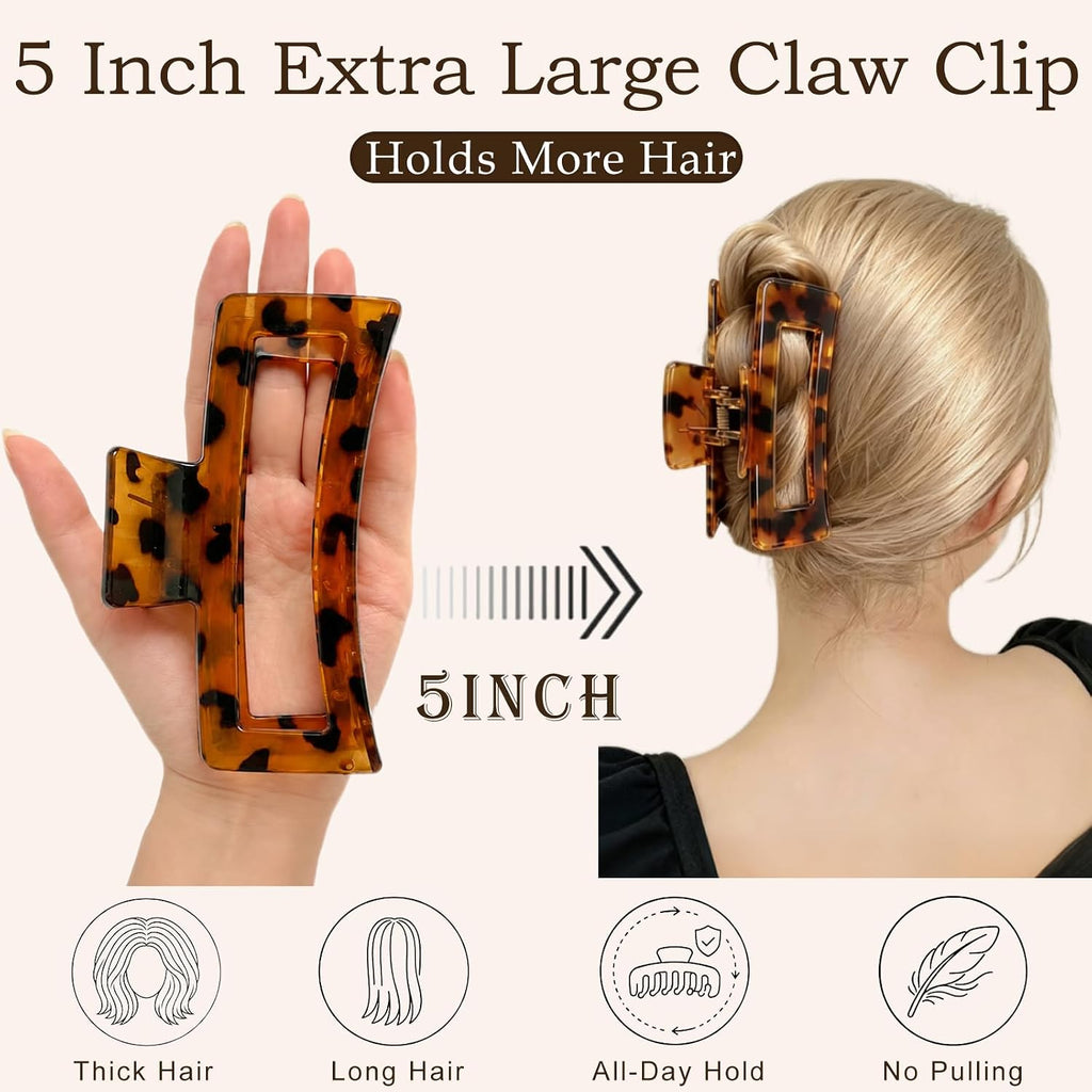 5 Inch XL Jumbo Large Claw Clips, 4-Pack Oversized Rectangle Big Hair Clips for Women, Non-Slip Dark & Light Leopard