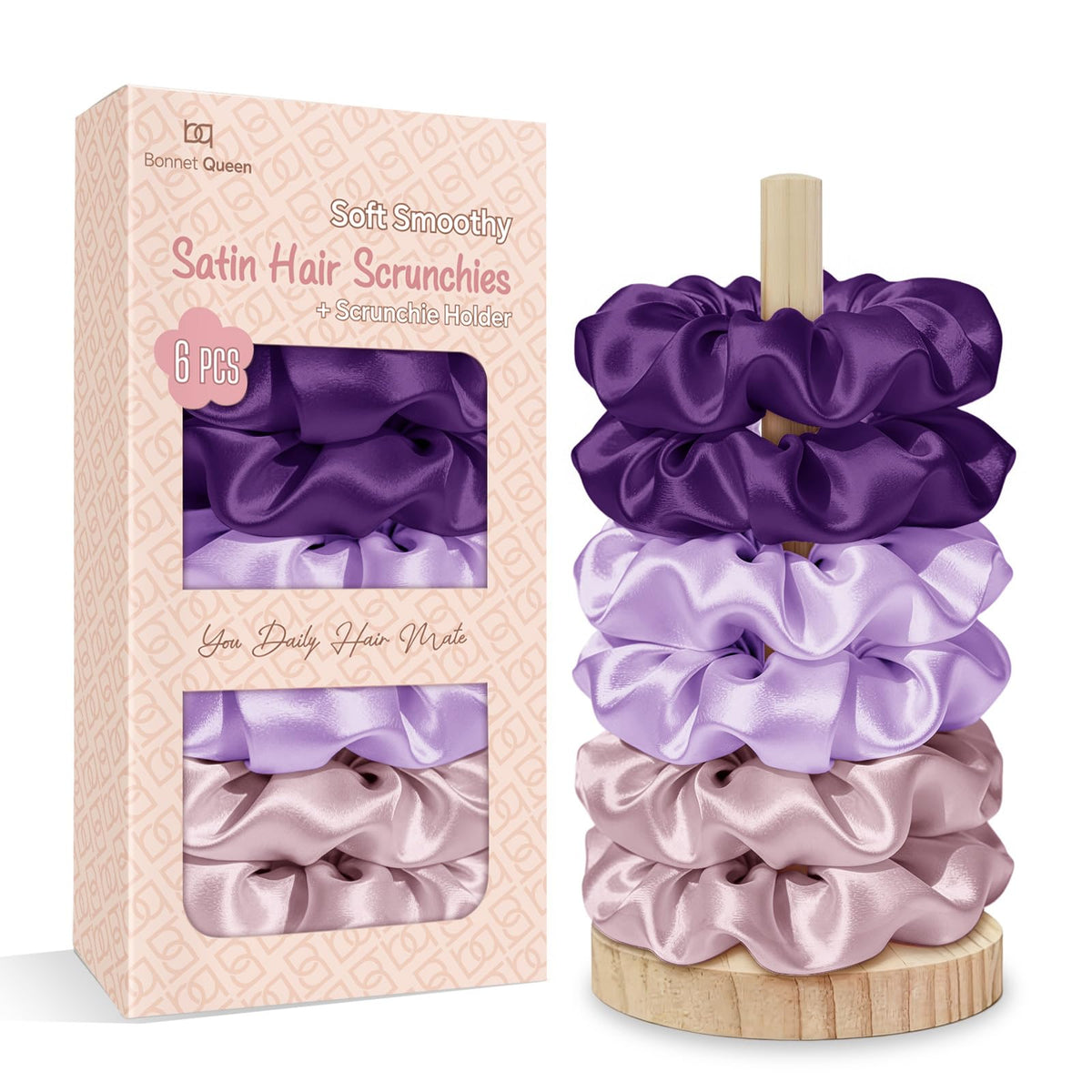 BONNET QUEEN Satin Scrunchies for Women, No Crease Silk Hair Ties & Holder, Soft Silk Hair Scrunchies for Sleeping & Everyday Use Ponytail Holders, Gentle Headwear Hair Accessories 6 Pack, Pink Tones