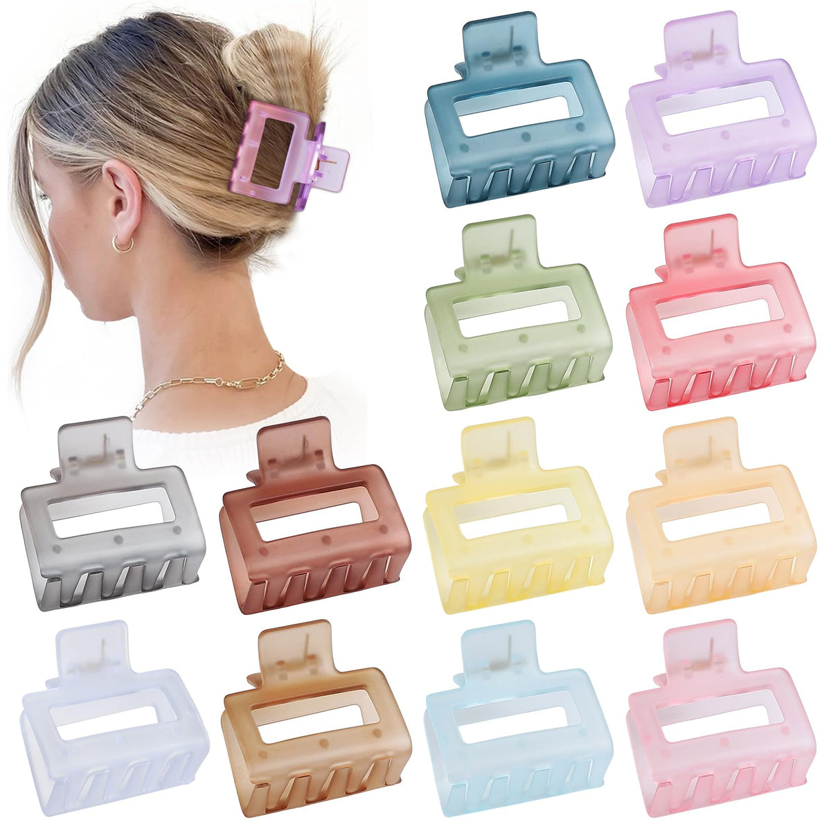 Sisiaipu 2 Inch Medium Hair Claw Clips 12 Pcs Square Hair Clips for Thin Hair Matte Nonslip Acrylic Banana Jaw Clips Bulk Hair Accessories for women and Girls - Colorful