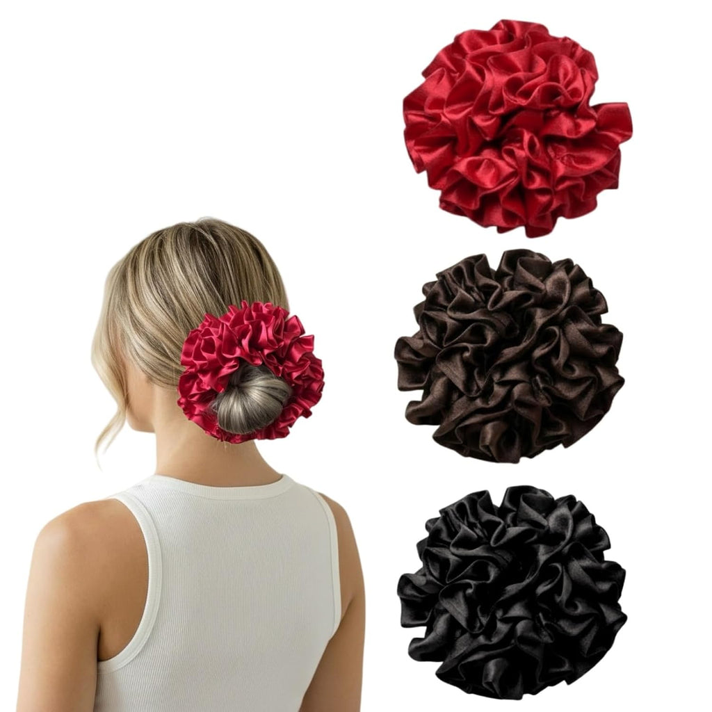 3 Pack Satin Scrunchies for Women, Large Silk Ruffle Scrunchies, Voluminous Hair Ties for Thick & Thin Hair, Hair Bow for Daily, Work & Party (Black, Brown, Red)