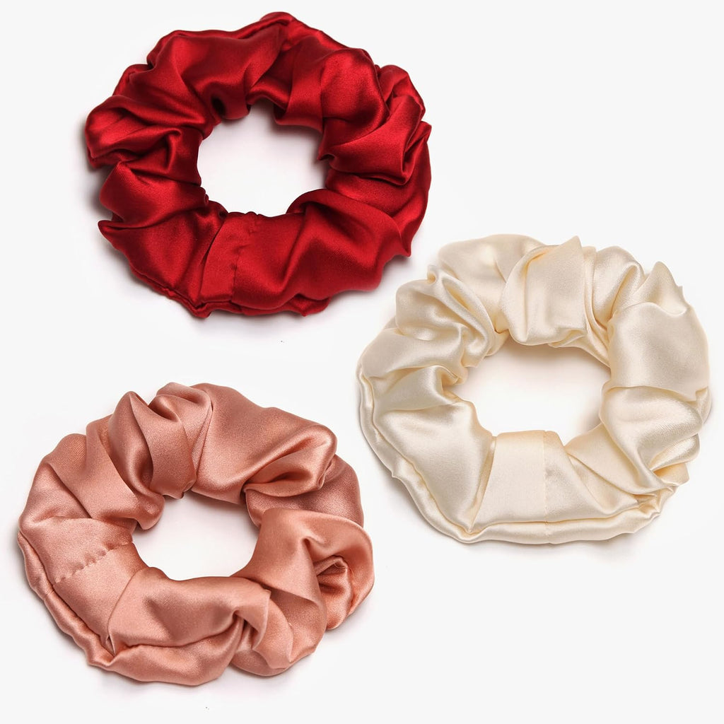 Michooyel 100% Mulberry Silk Scrunchies Hair Ties Elastic Band Scrunchy For Women Girls Curly Hair, No Damage, Ponytail Holder, 3 Pack, 4 cm