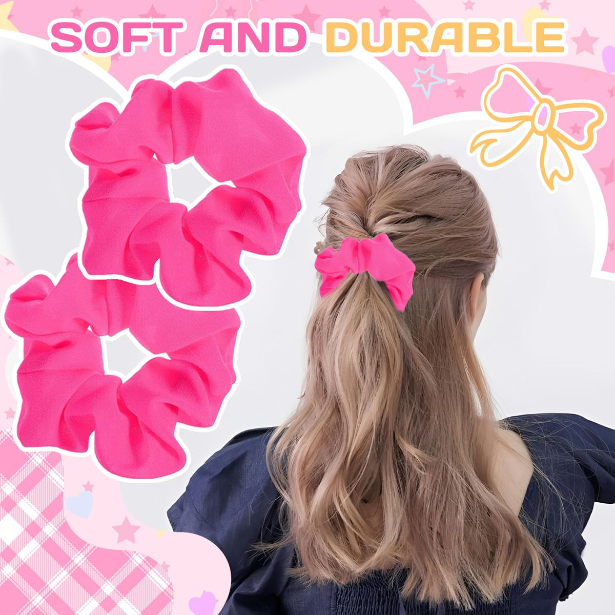 Hot Pink Scrunchie 2PCS Neon Scrunchie 80s Hair Accessories for Women Girl Solid Colors Elastic Hair Ponytail Holder for Party Outfits Workout Costumes and Ponytail Styling (Pink)