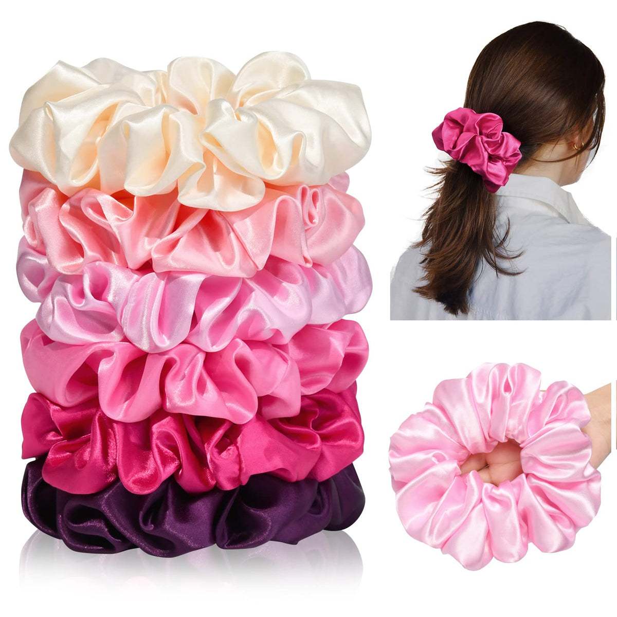 Black Big Scrunchies for Women 6.3Inches Large Scrunchie Satin Oversized Silk Thick Elastic Hair Ties Jumbo Hair Scrunchies 6 Pack (Black)