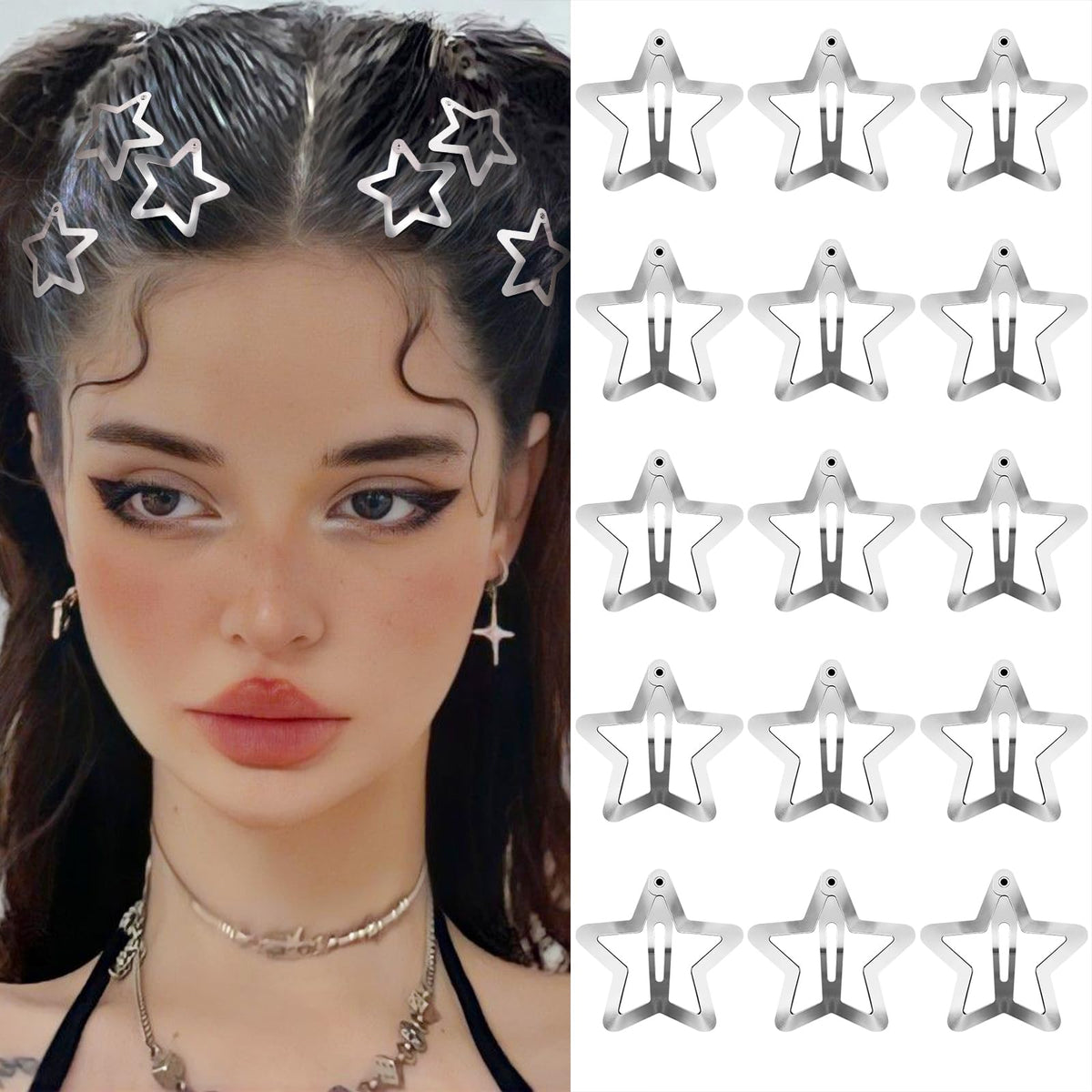 SAOROPEB Star Hair Clips 2000s Y2K Hair Accessories-15 PCS 1.57"-Gold