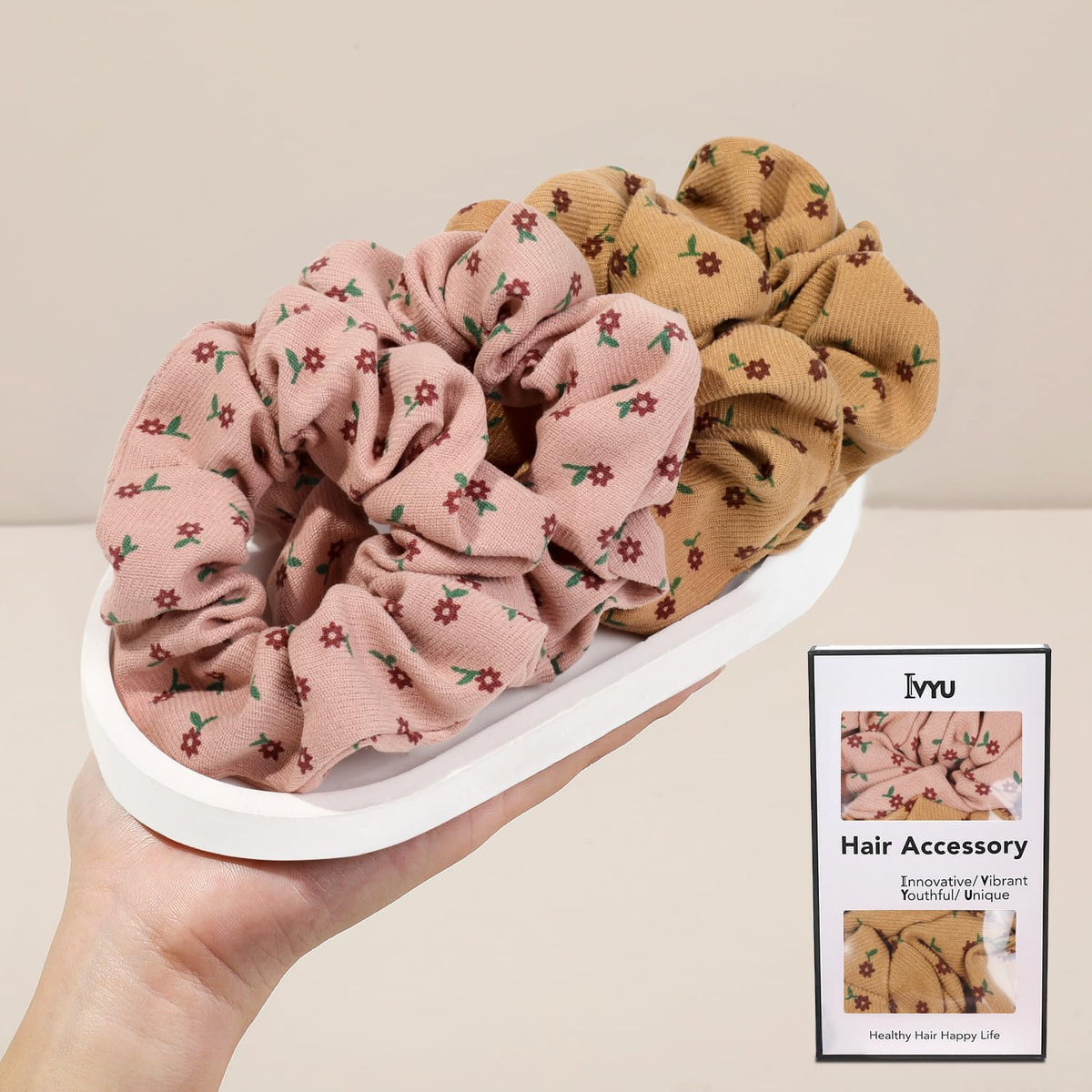 Ivyu Scrunchie, Big Cotton Scrunchies for Women's and Girls, Brown Service, 4 Count, for All Hair Types, No Crease or Damage