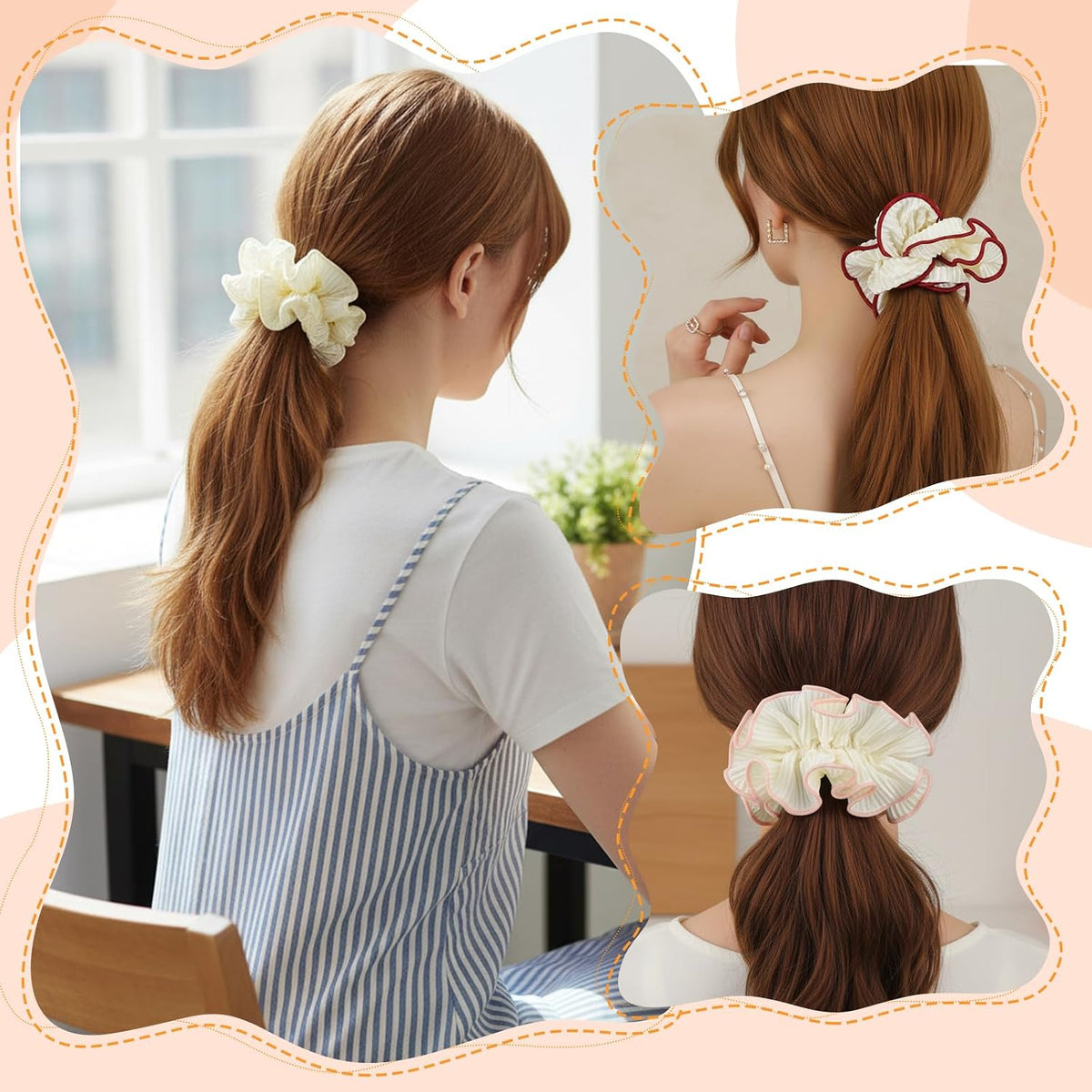 4 Pcs Oversized Puffy Hair Scrunchies, Multicolor Elastic Jumbo Puffy Hair Scrunchy Double Layer Pleated Ruffle Stain Hair Ties for Women Girls Thick Curly Hair (4 Color A)
