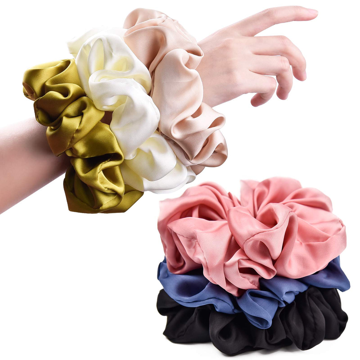 Black Big Scrunchies for Women 6.3Inches Large Scrunchie Satin Oversized Silk Thick Elastic Hair Ties Jumbo Hair Scrunchies 6 Pack (Black)