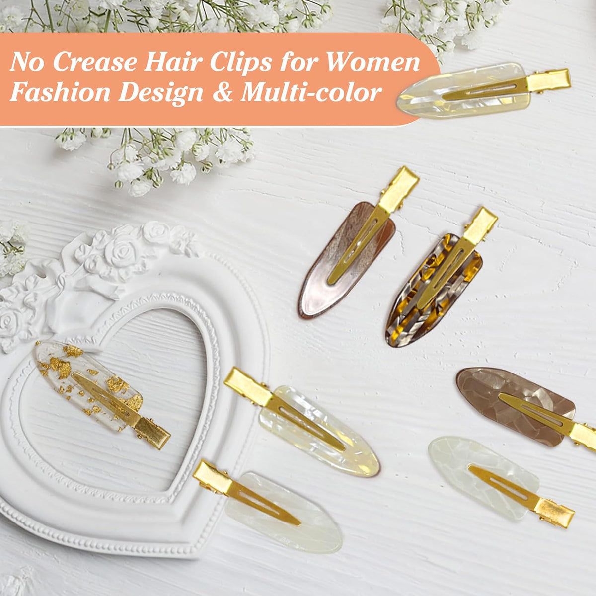 8 PCS No Bend No Crease Hair Clips- Creaseless Flat Hair Clips for Women with Golden Handle -Makeup Seamless Styling Hairpin, Colorful Small Makeup Clips for Bangs, Curls & Updos (Brown)
