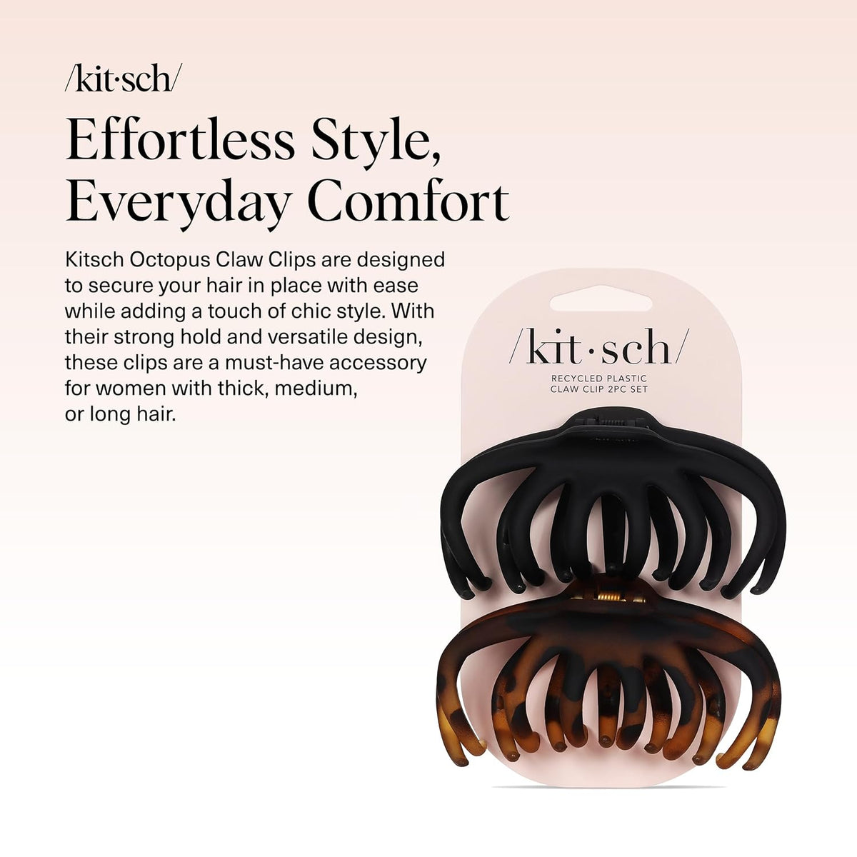 Kitsch Octopus Hair Clips For Women - Classic Black & Tortoise, 2pcs