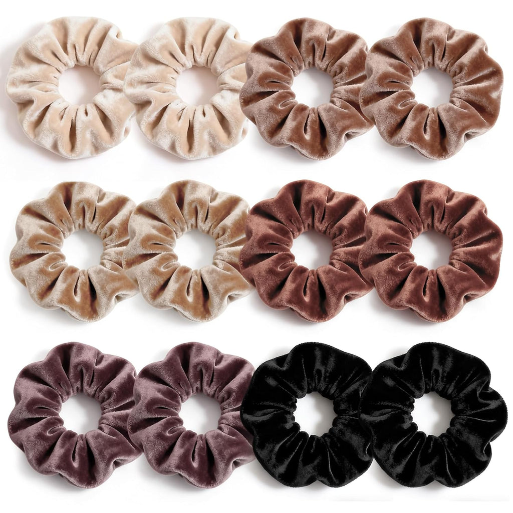 Scrunchies for Women, 12 Pcs Neutral Brown Tones Velvet Scrunchies - Classic Thick Elastic Hair Ties for a Soft Ponytail