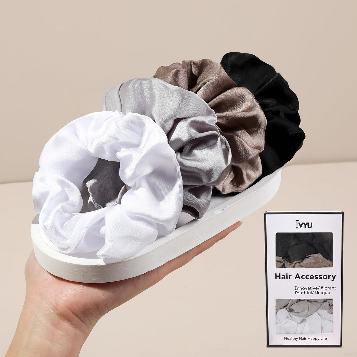 Ivyu Scrunchie, Big Cotton Scrunchies for Women's and Girls, Brown Service, 4 Count, for All Hair Types, No Crease or Damage