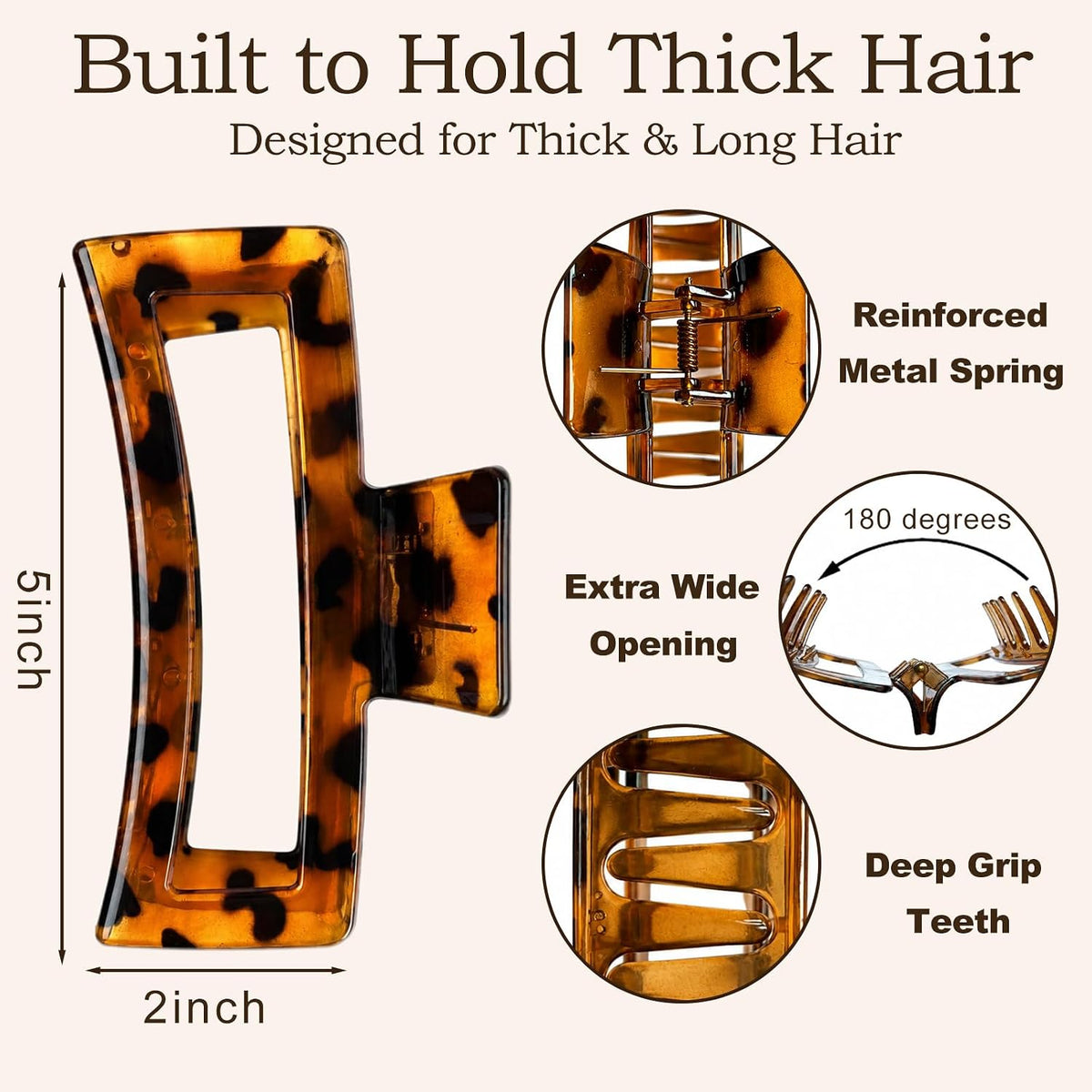 5 Inch XL Jumbo Large Claw Clips, 4-Pack Oversized Rectangle Big Hair Clips for Women, Non-Slip Dark & Light Leopard