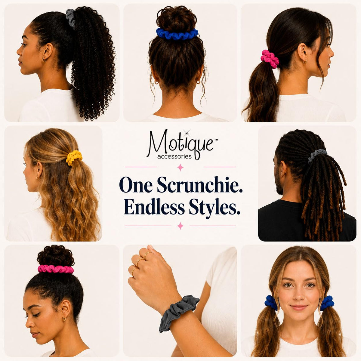 Motique Accessories Large Scrunchies for Women, Pack of 6, Black