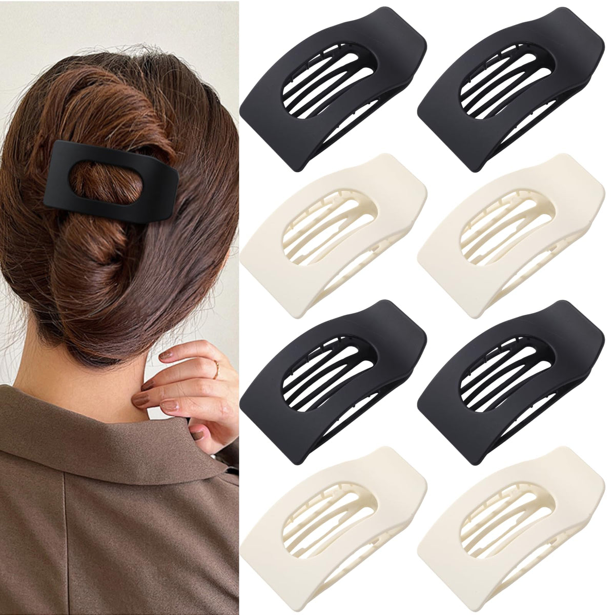 8 Pack Flat Hair Clips for Women – Large Matte Rectangle No-Slip Claw Clips, Strong Hold Square Hair Accessories for Thick & Thin Hair, Lay Flat Design for Work & Daily Styling