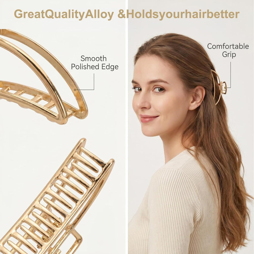 LUKACY 6 Pack Gold Metal Hair Clips - 4 Inch Large Jaw Clips for Women, Strong Hold Hair Claws for Thick or Thin Hair, Fashion Hair Accessories for Styling