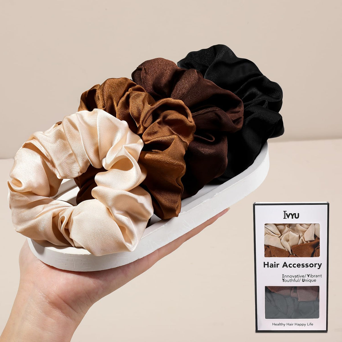 Ivyu Scrunchie, Big Cotton Scrunchies for Women's and Girls, Brown Service, 4 Count, for All Hair Types, No Crease or Damage